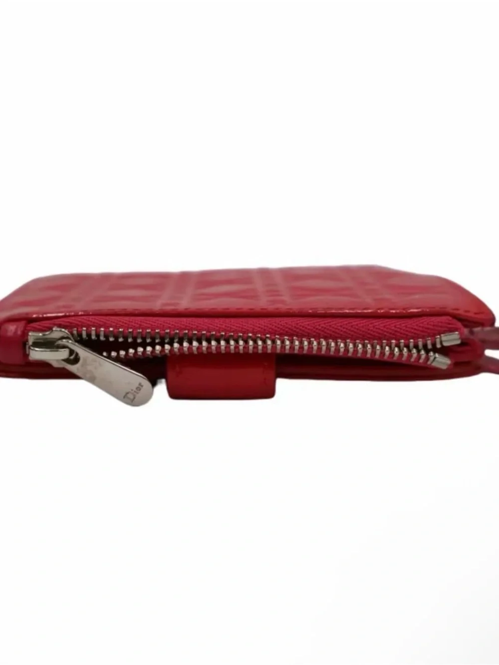 Pre-Owned Lady Dior Red Patent Leather Quilted Wallet with Charm & COA